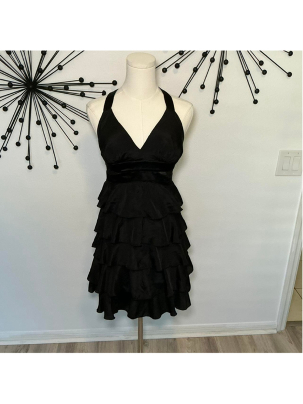 Double Zero black satin halter ruffle dress open back party mini